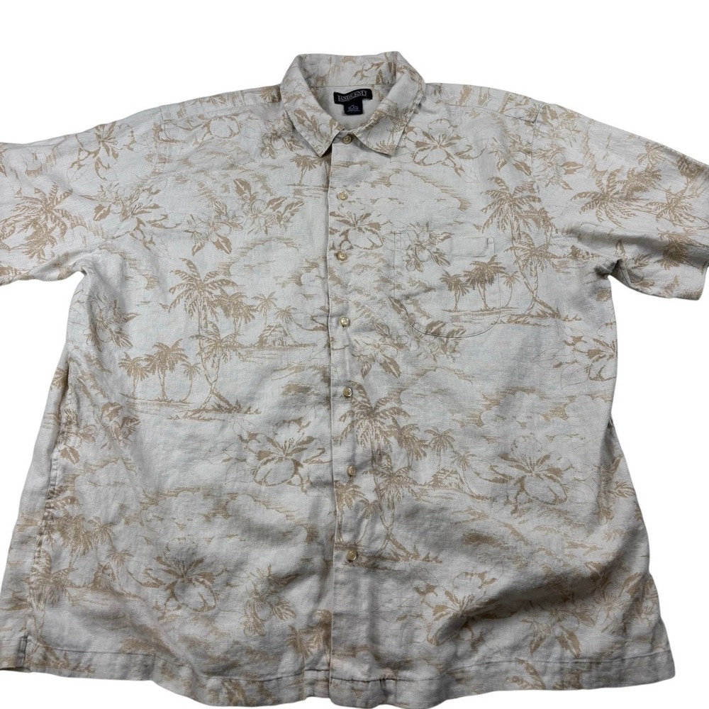 VTG 90's Lands' End‎ Linen Camp Shirt Tropical Palm Tree Print Button Up XL
